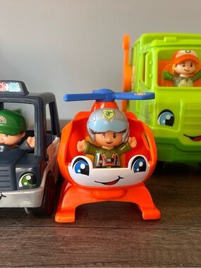 Fisher-Price Recycling Truck, Helicopter, and Pizza Truck with characters